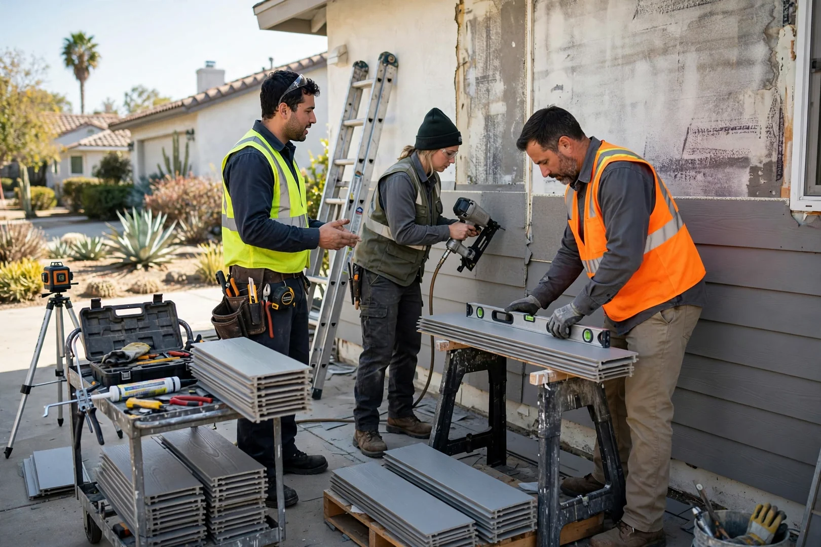 Contractor measuring fiber cement plank lengths beside stacked siding materials at a job site
