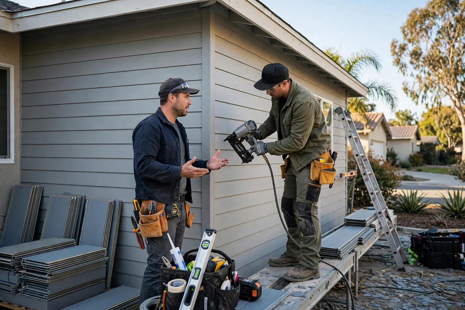 Contractor reviewing fiber cement siding estimate with homeowner outside a Fullerton house