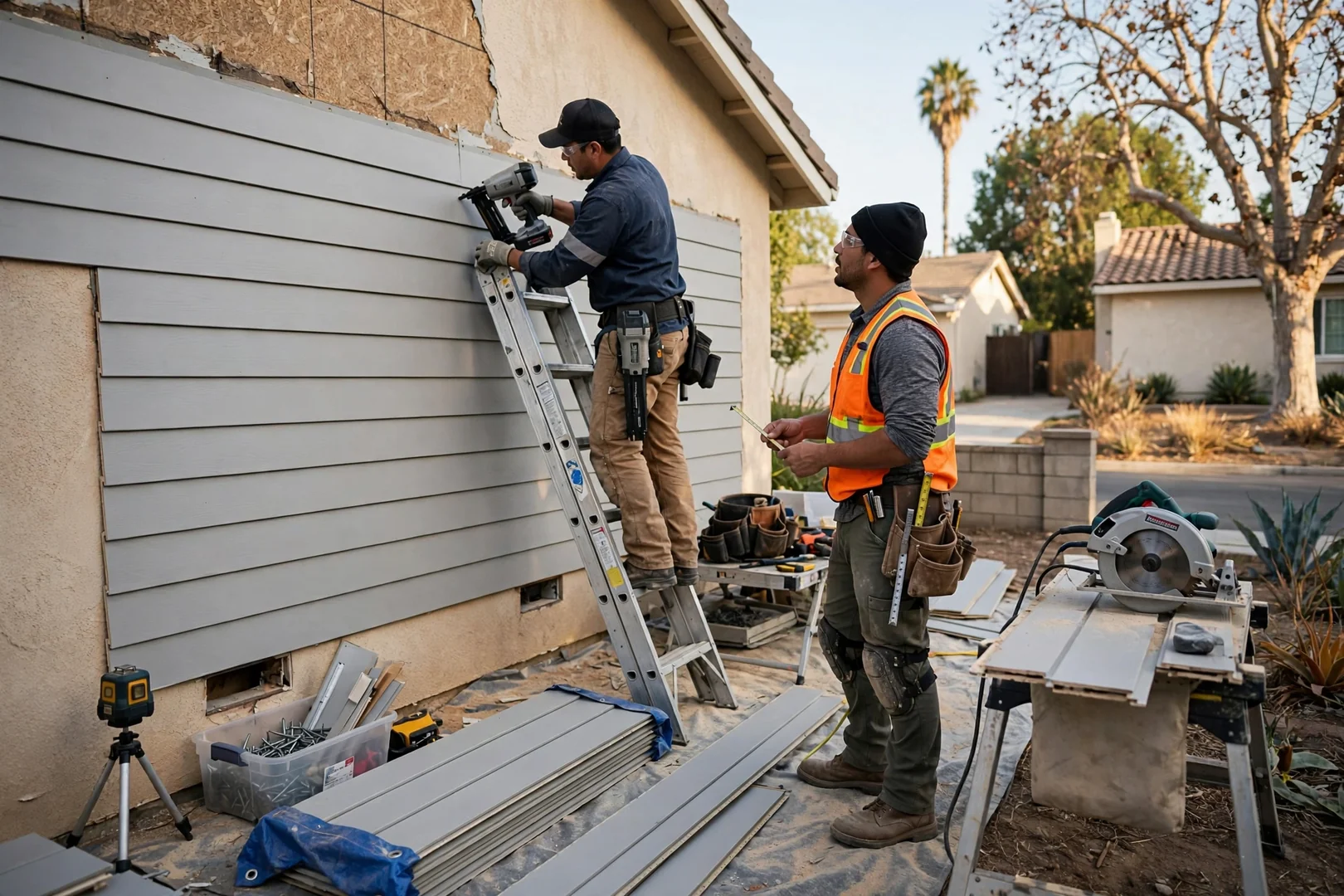 Installer fastening fiber cement lap siding boards along a Fullerton home exterior wall