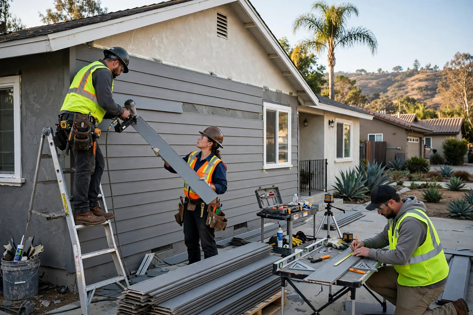 Crew installing James Hardie lap siding planks on a Fullerton single-family home