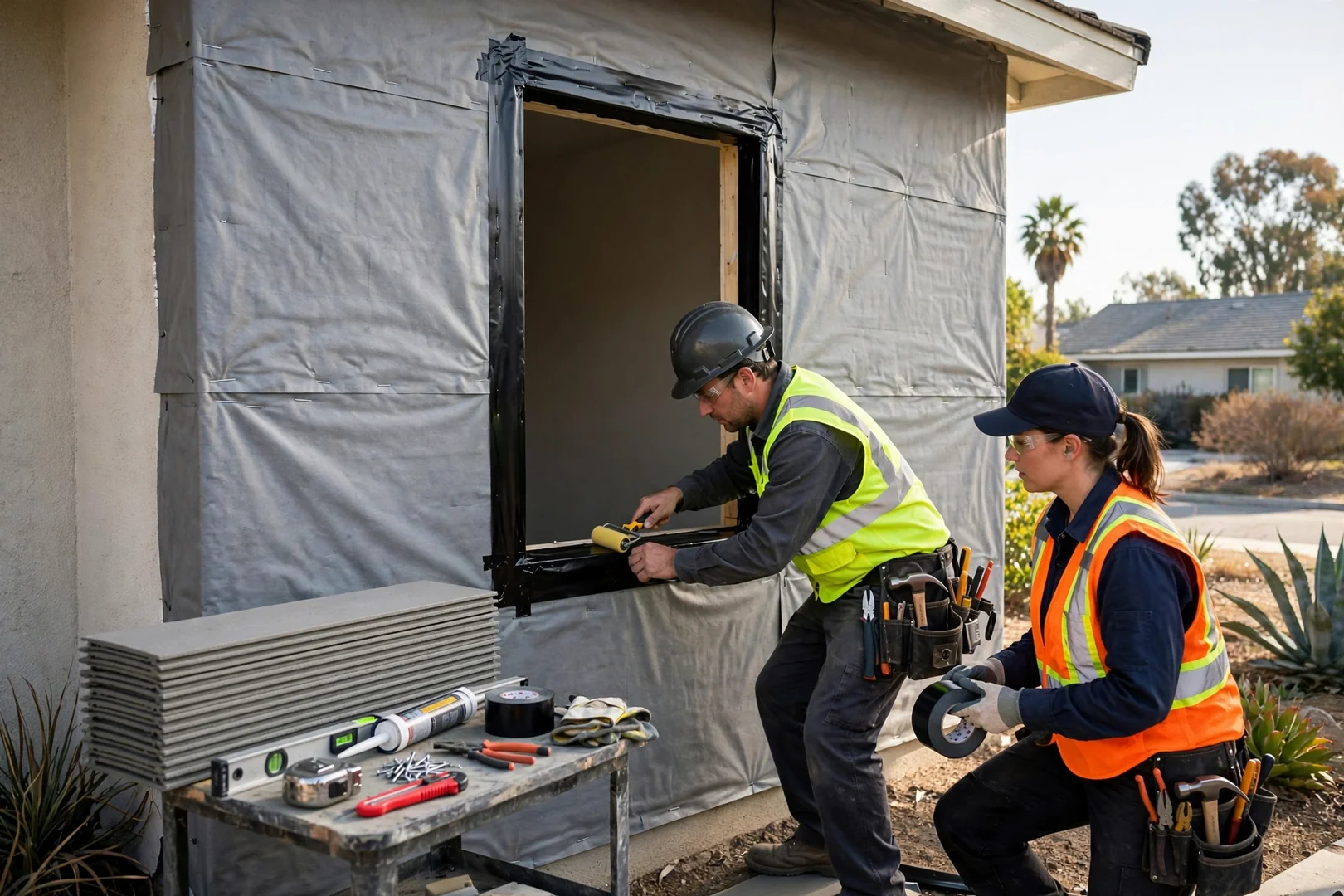 Weather-resistive barrier and flashing detail prepared before fiber cement plank installation