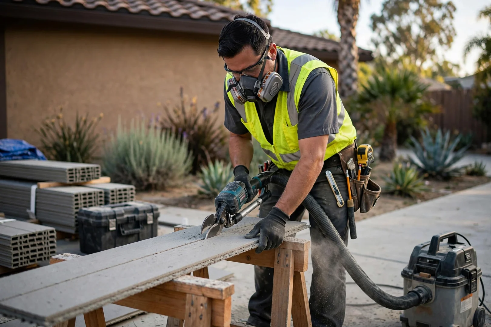 Fiber cement plank being cut with dust-controlled shears at a residential jobsite