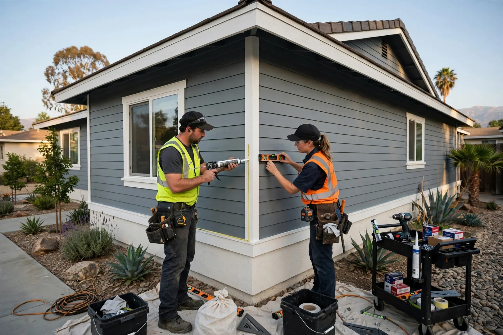 Completed fiber cement siding and trim on a Fullerton ranch style exterior