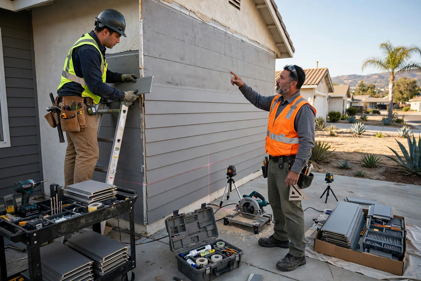 Crew installing fiber cement lap siding panels on a Fullerton home exterior wall