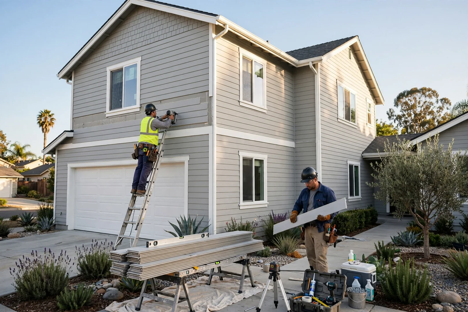 Finished fiber cement lap siding with white corner boards on a two-story Fullerton home