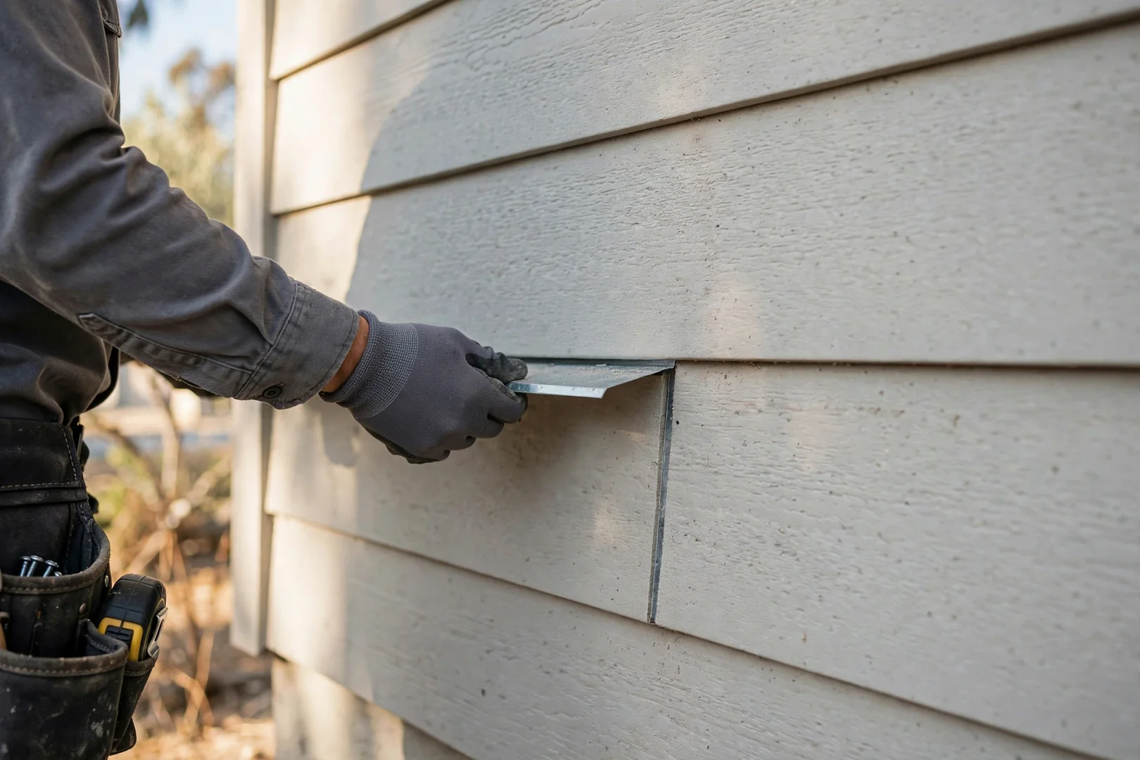 Close-up of blind-nailed fiber cement plank edges showing consistent reveal and joint flashing