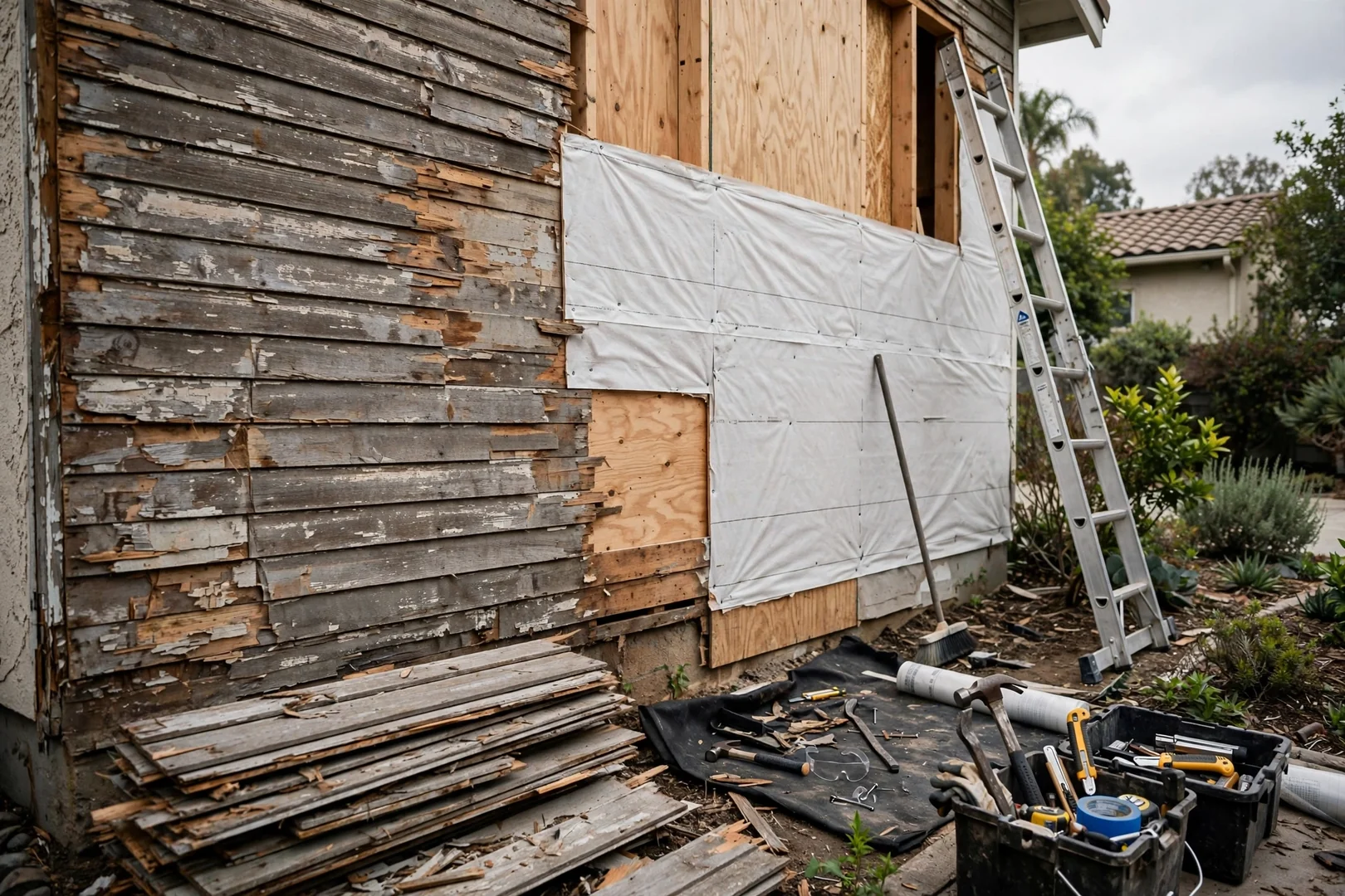 Weathered original wood siding and exposed sheathing before fiber cement replacement begins