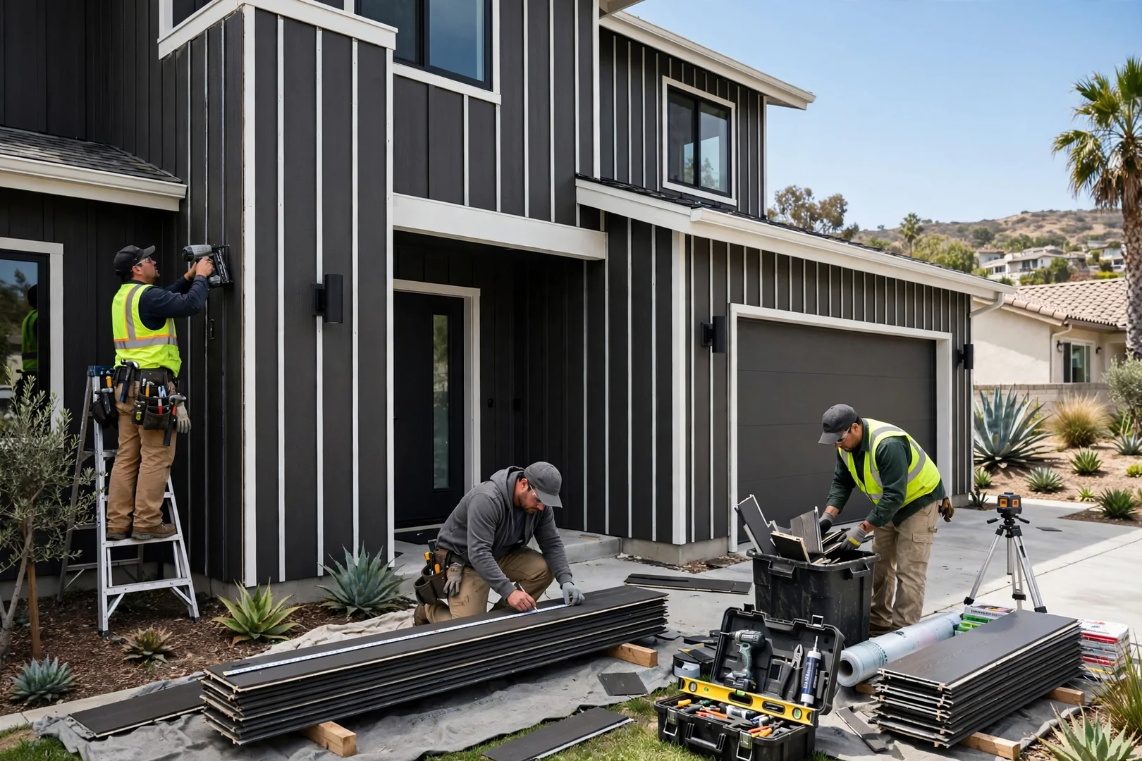 Vertical fiber cement panel siding with battens on a modern Fullerton home elevation