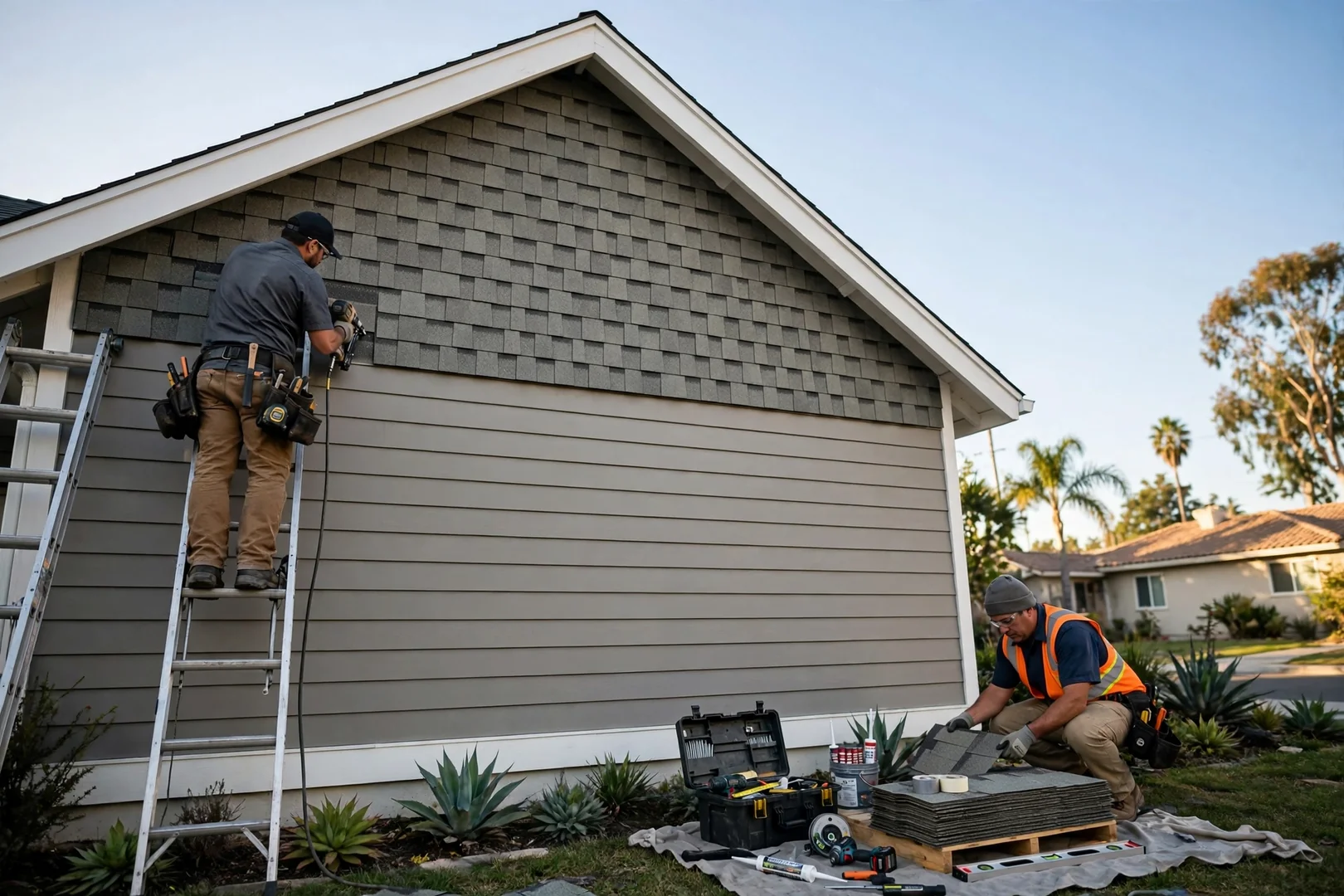 Fiber cement shingle panels installed on a gable end above finished lap siding
