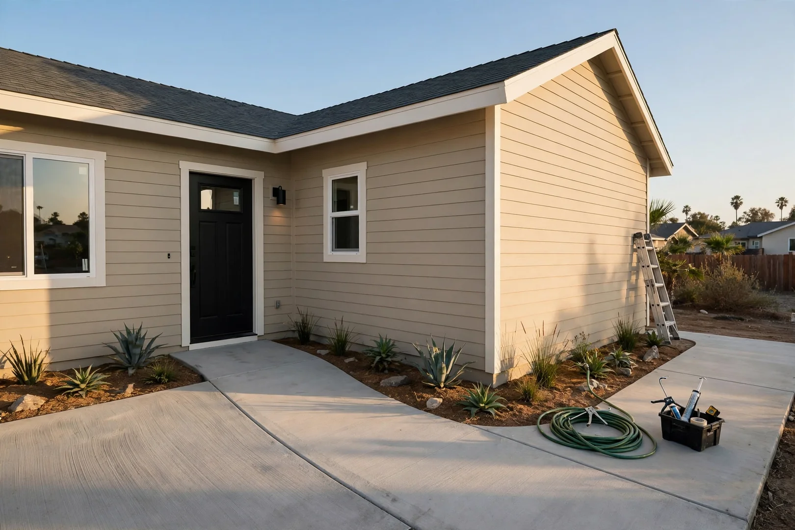 Completed fiber cement siding and clean job site after final walkthrough in Fullerton