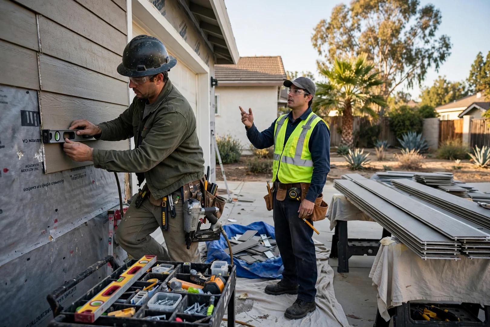 Siding contractor reviewing fiber cement plank alignment during a Fullerton re-siding project