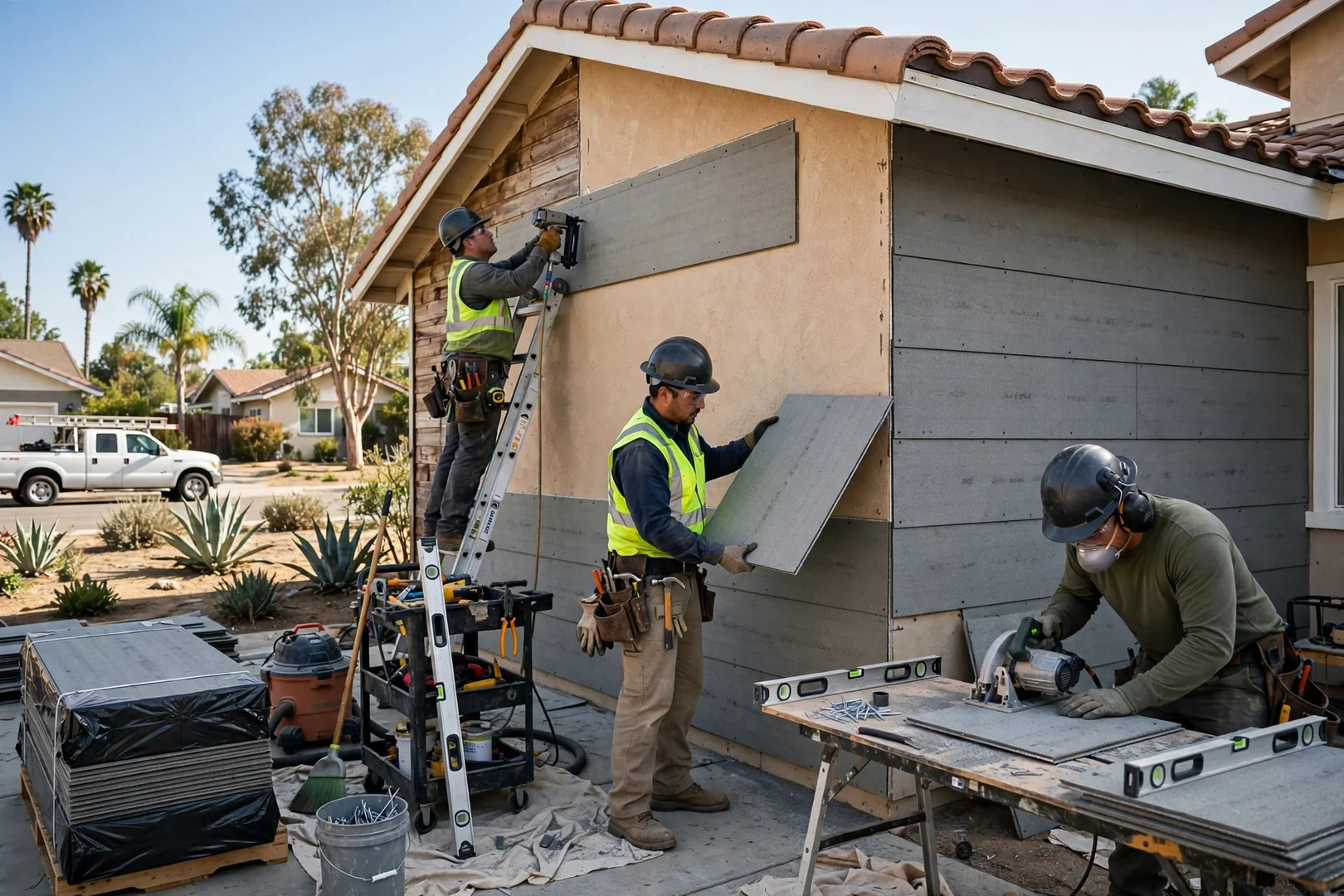 Siding crew installing fiber cement lap boards on a Fullerton home exterior