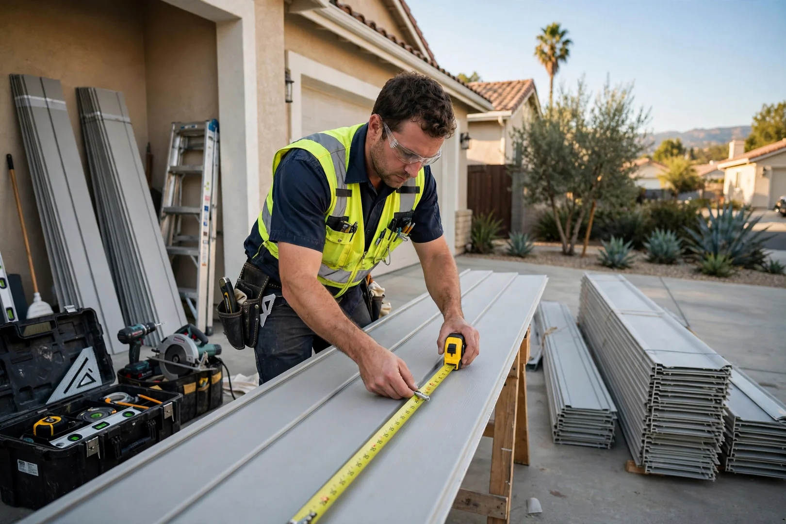 Contractor measuring vinyl siding panel on an organized residential jobsite