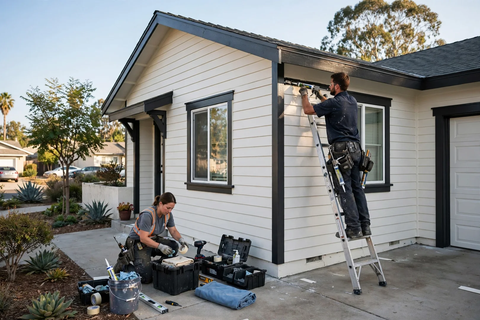 Finished siding and trim on a repainted Fullerton single-family house