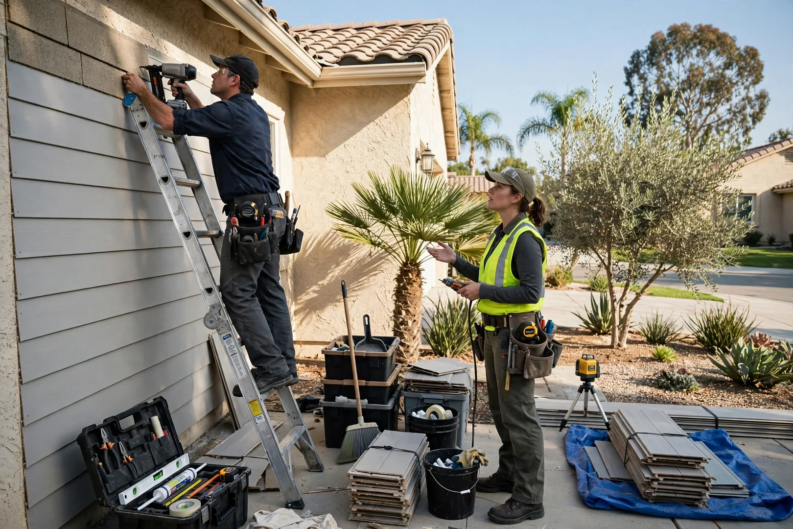 Installer aligning fiber cement lap siding with a gauge on a Fullerton home exterior