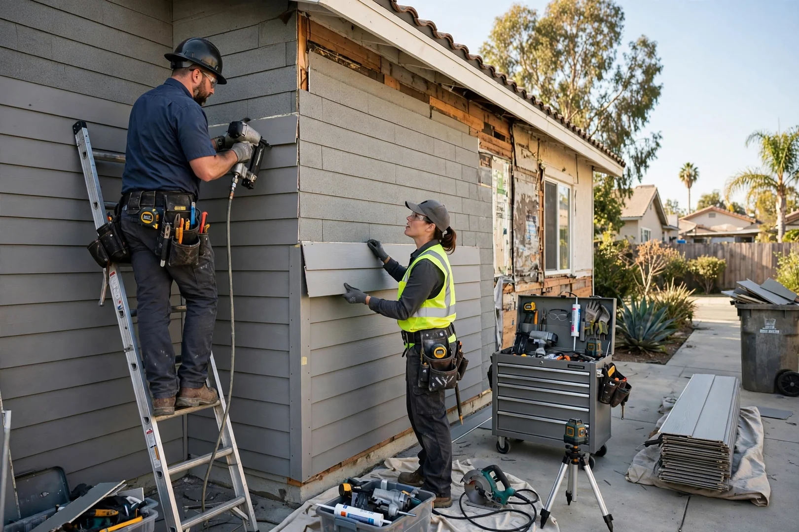 Technician replacing a cracked siding board and resealing trim on a residential exterior