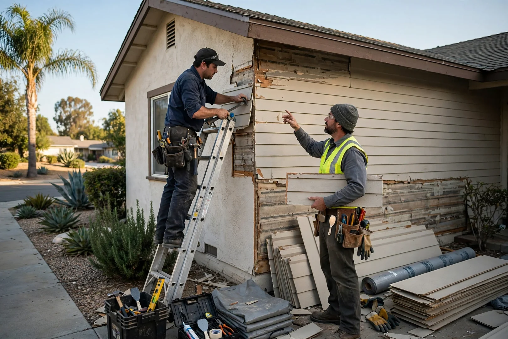 Fiber cement plank being cut and aligned during a siding installation in Fullerton