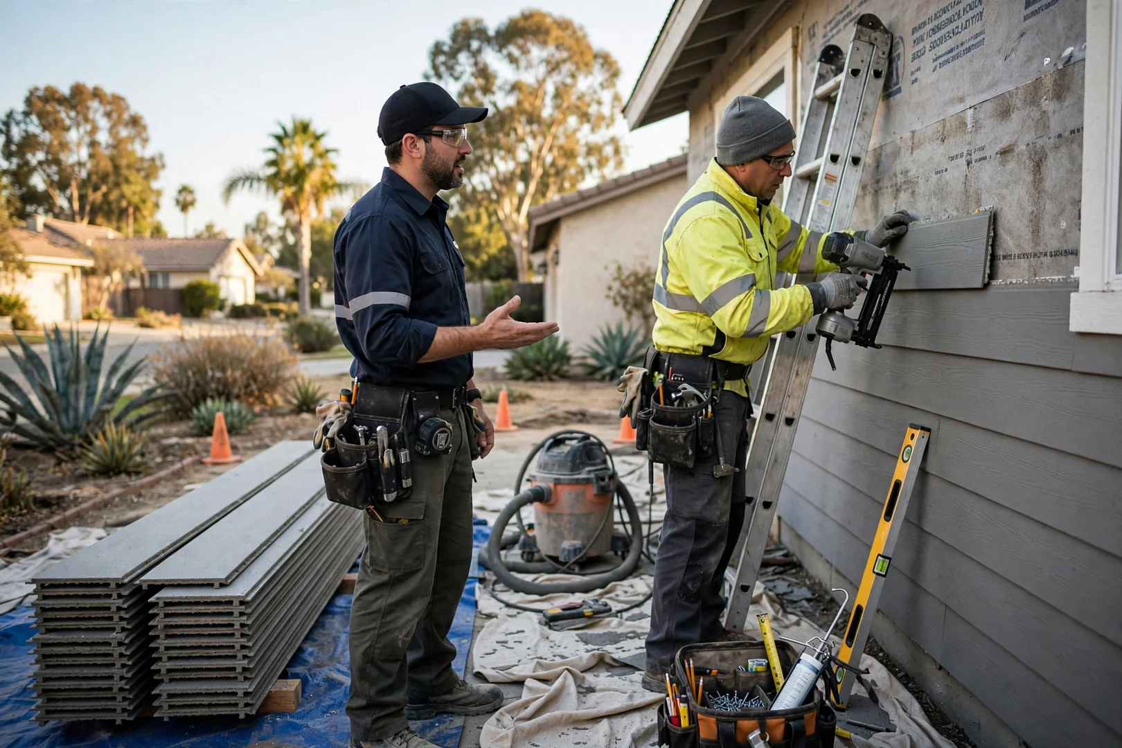 Installer locking vinyl siding courses into starter strip along a home exterior wall