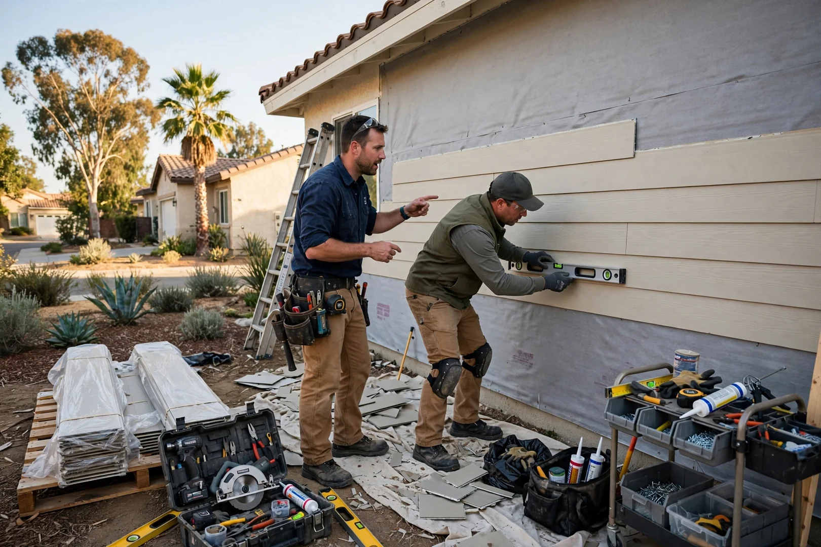 Siding crew reviewing completed fiber cement installation with homeowner at a Fullerton residence