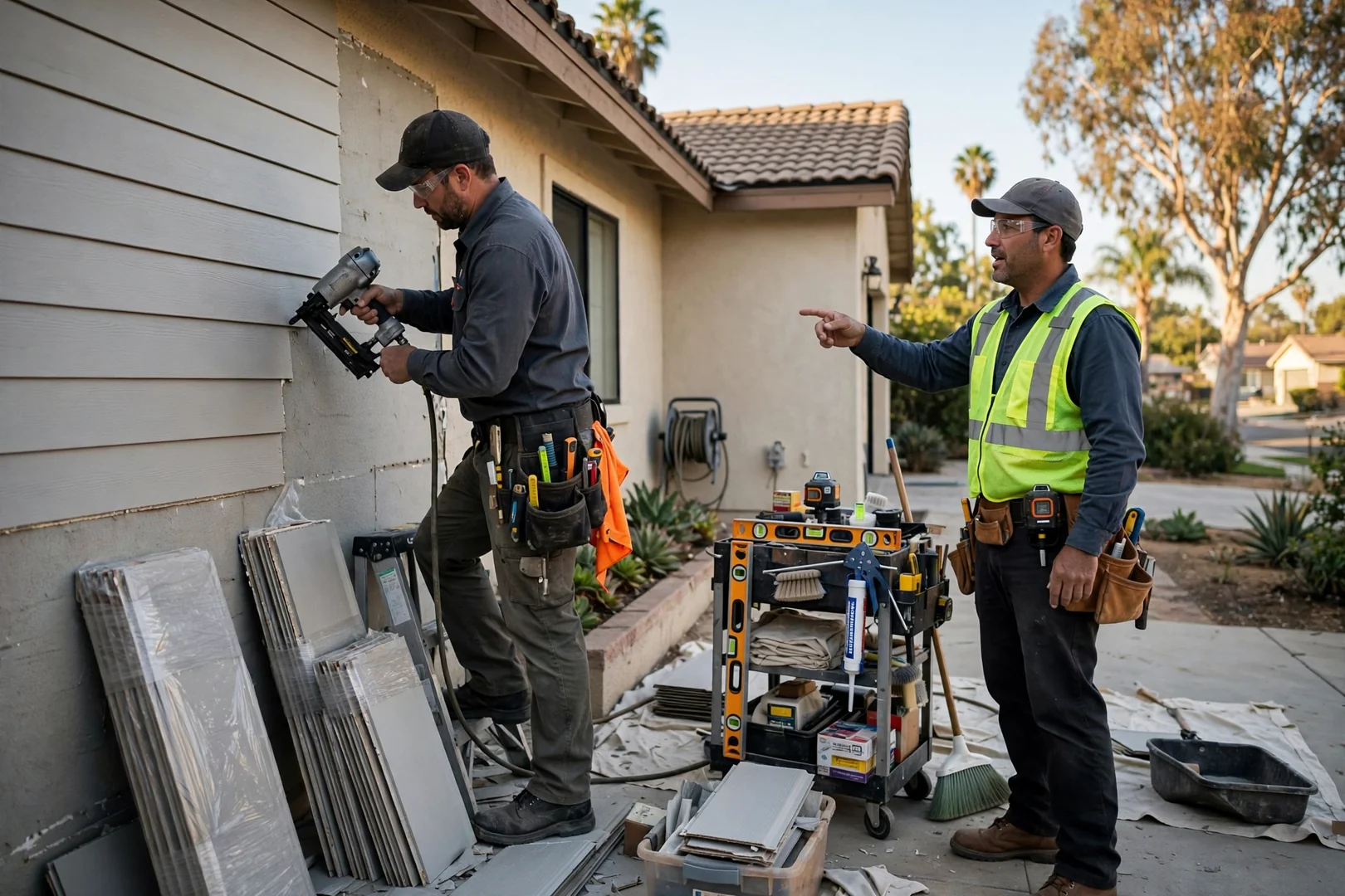 Written siding estimate and material samples laid out on a work table