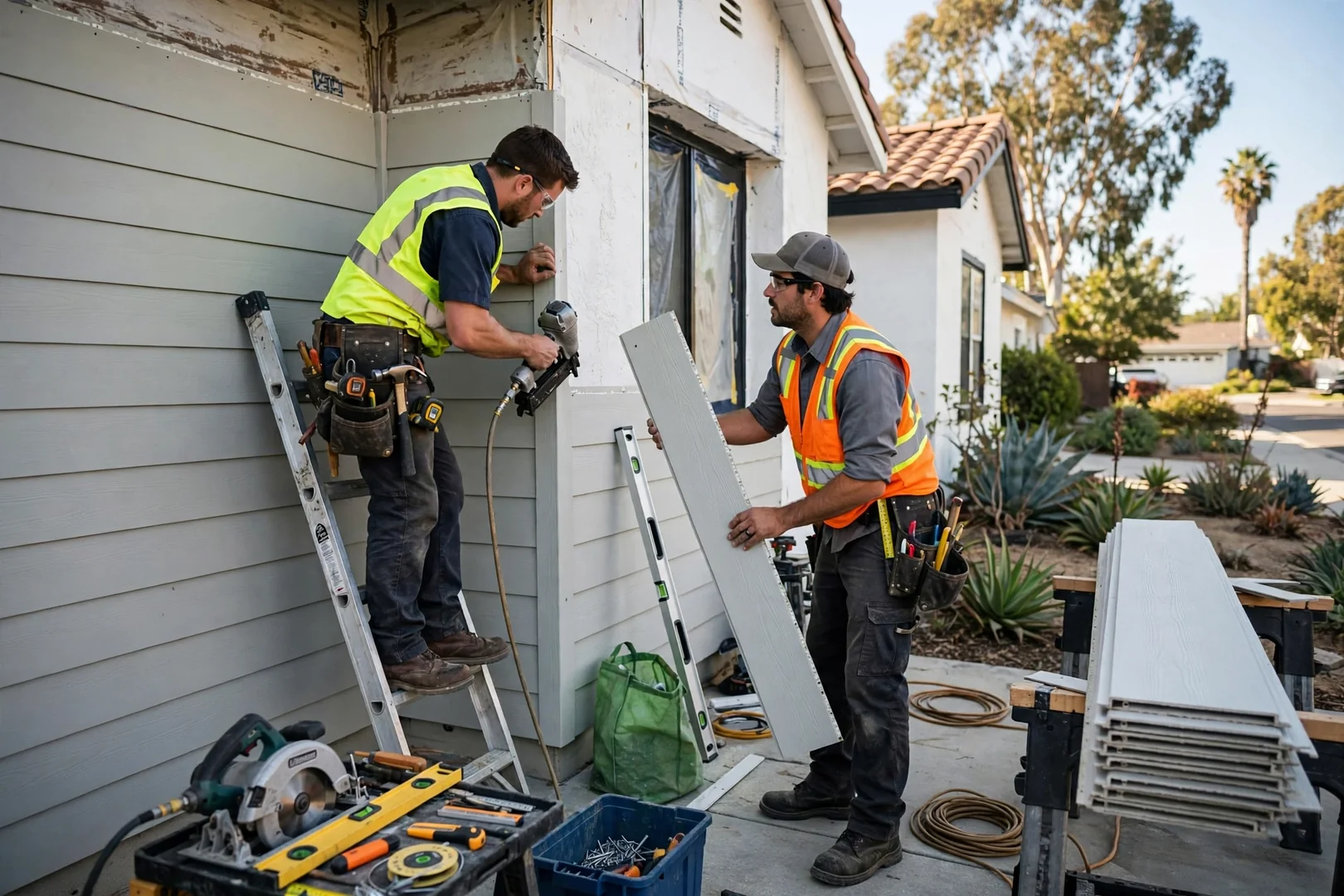 Siding estimator measuring exterior wall sections of a Fullerton home while reviewing material options with the homeowner