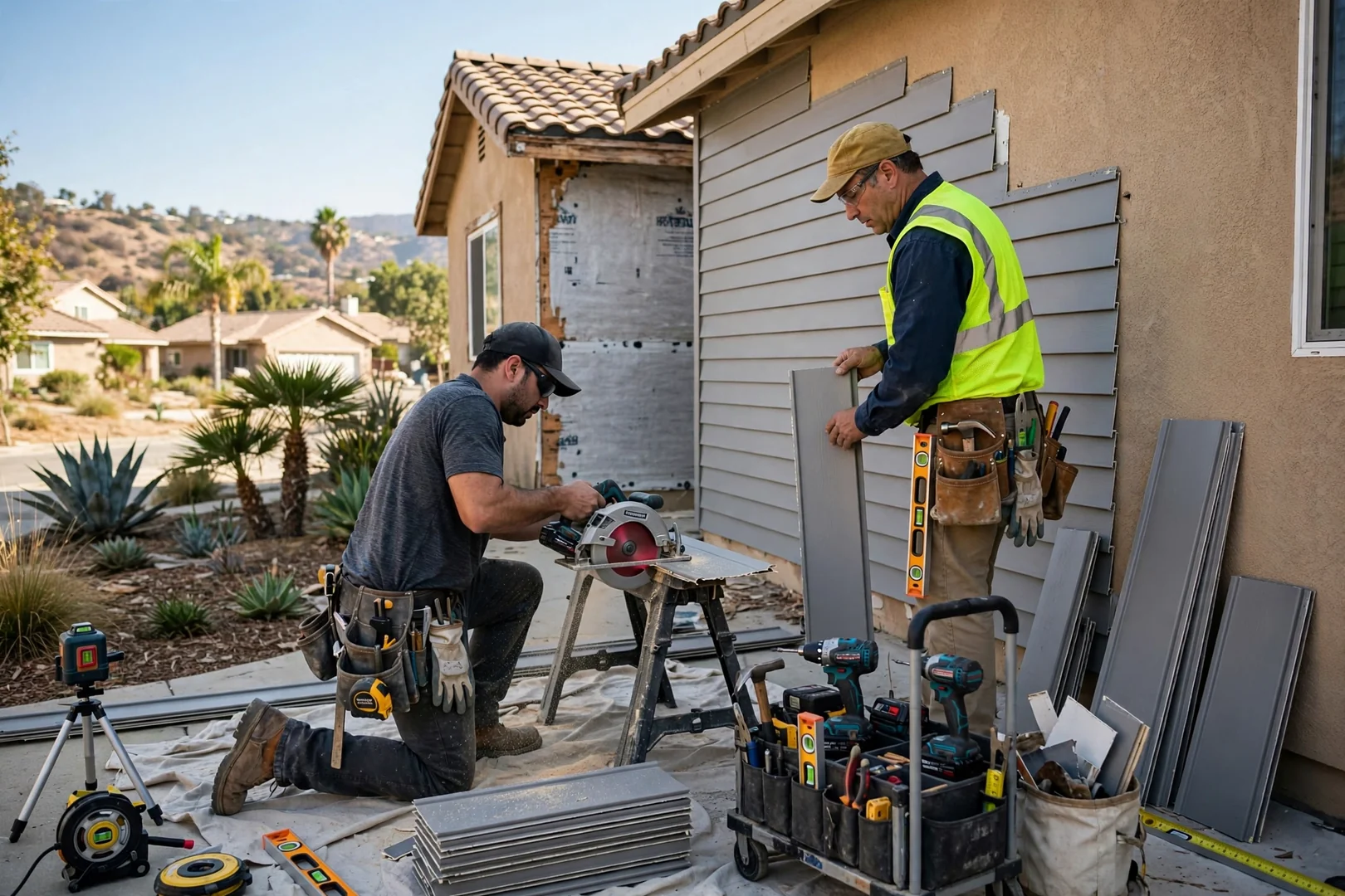 Siding crew reviewing project plans outside a Fullerton home