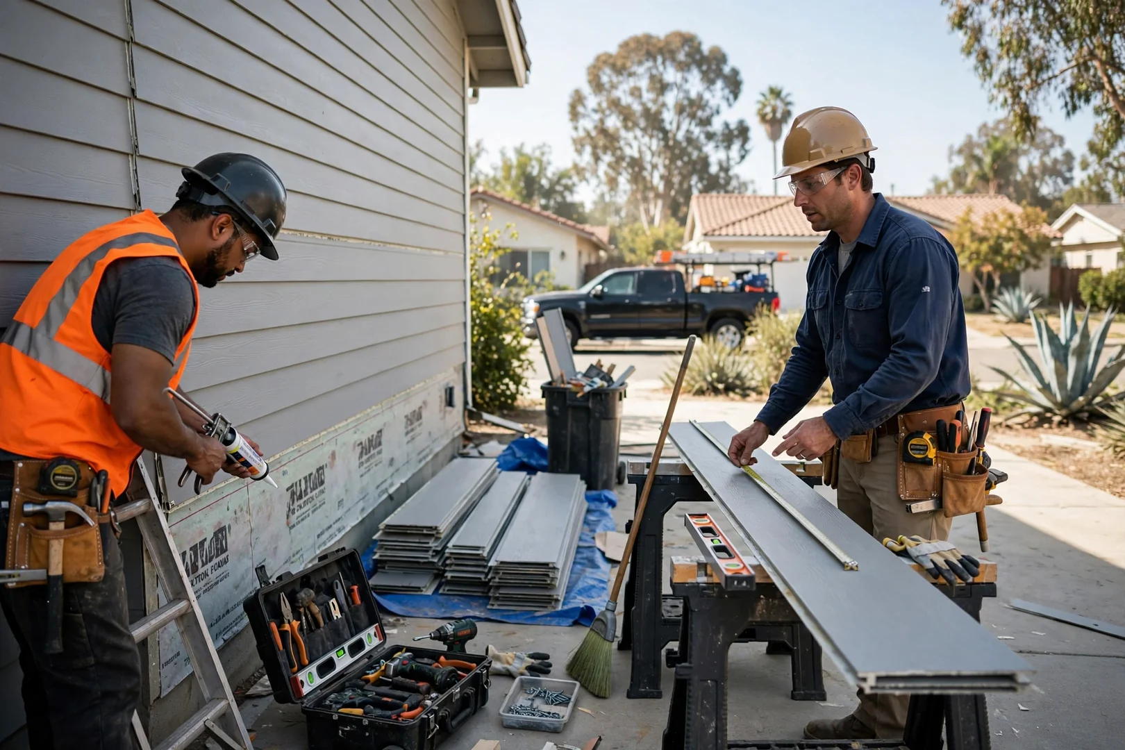 Siding contractor measuring exterior wall while preparing a written estimate for a Fullerton home