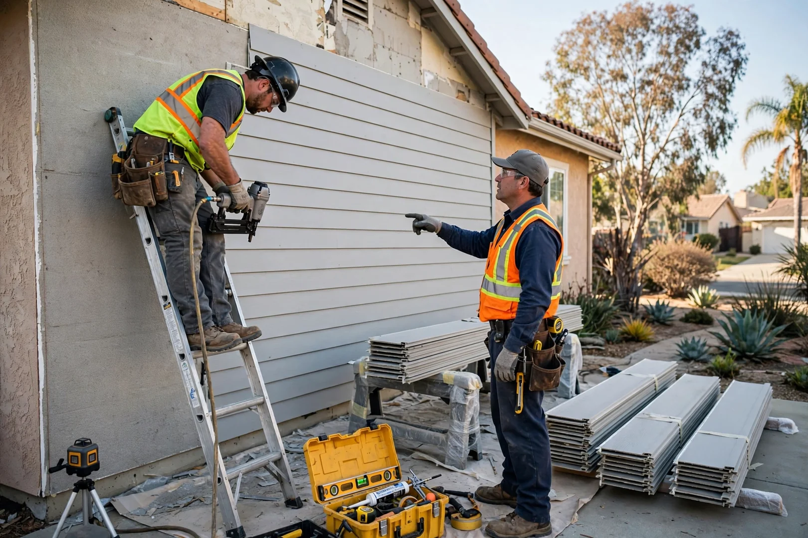 Siding estimator reviewing wall measurements at a Fullerton home