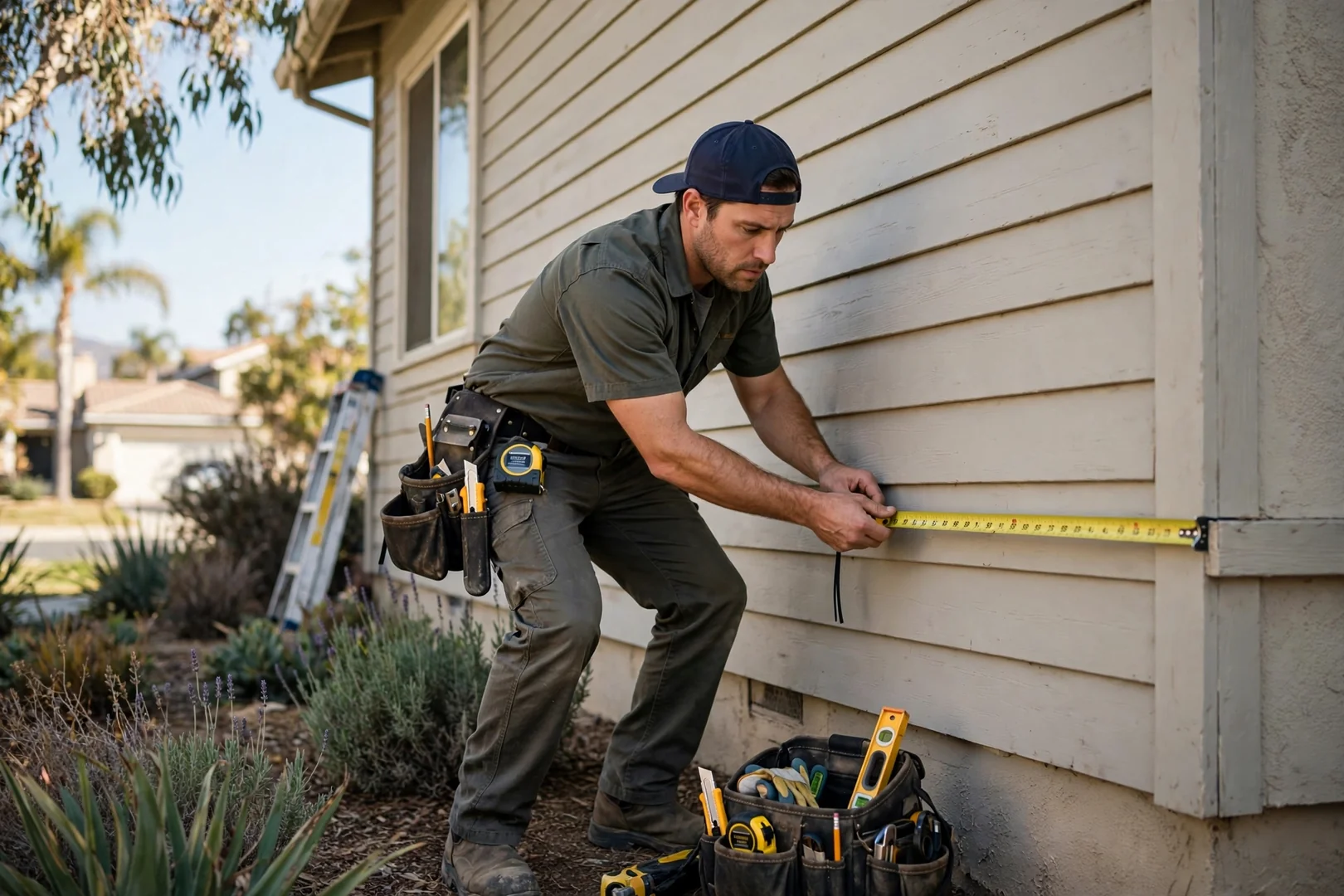 Contractor measuring an exterior wall during a siding inspection in Fullerton