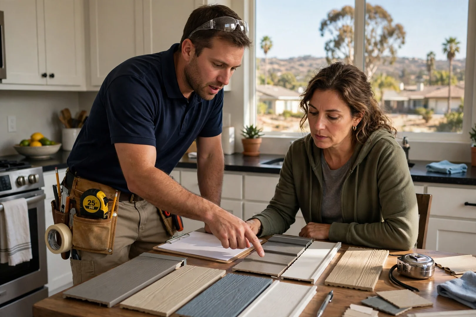 Written siding estimate and material samples reviewed with a homeowner at the kitchen table