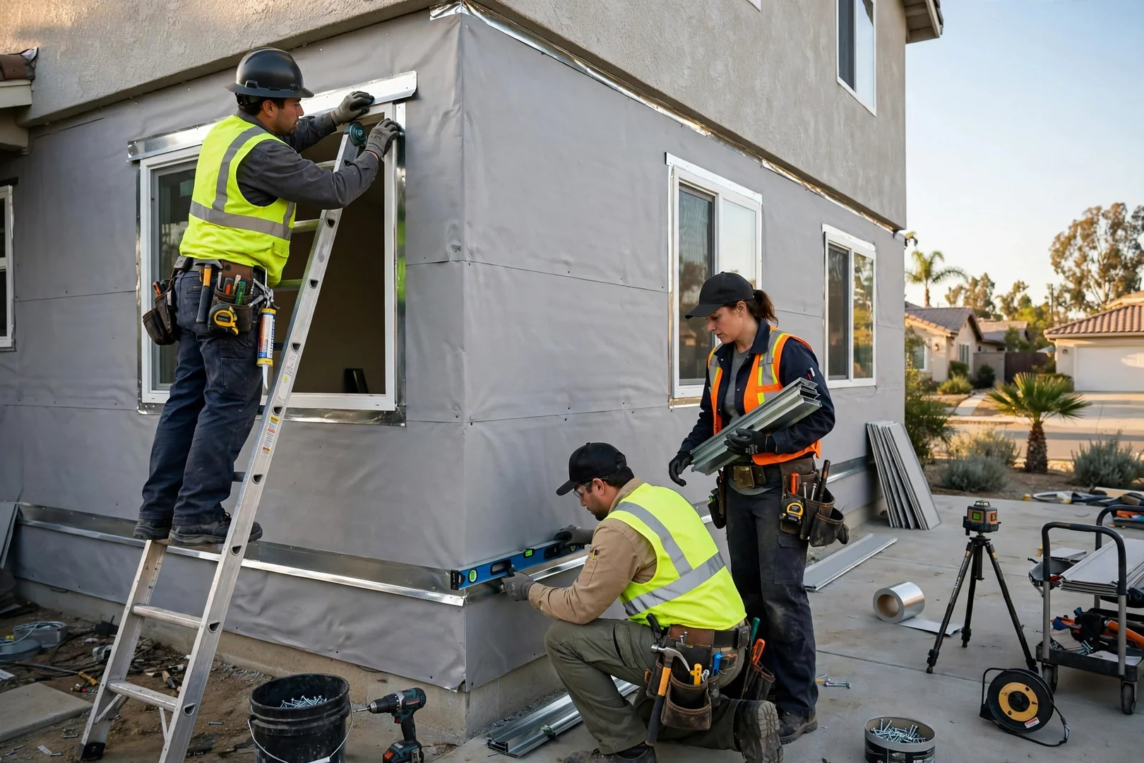 Crew setting level starter strips and flashing during siding installation on a two-story home