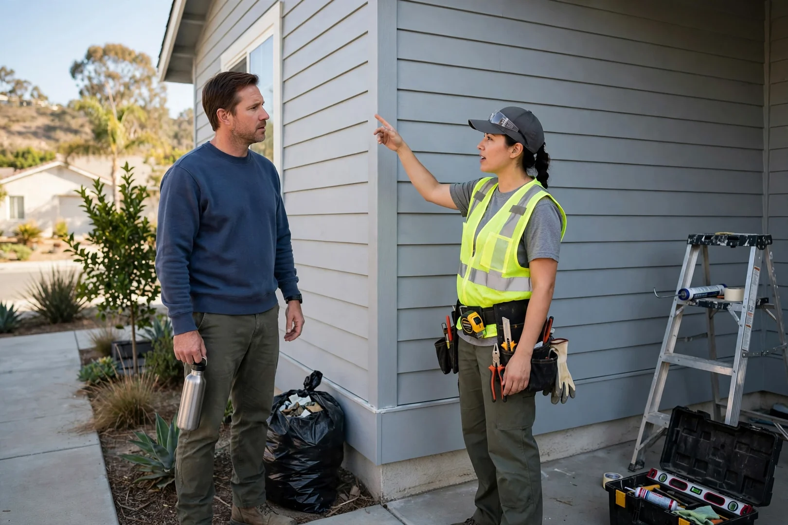 Homeowner and contractor completing a final walkthrough of newly installed siding