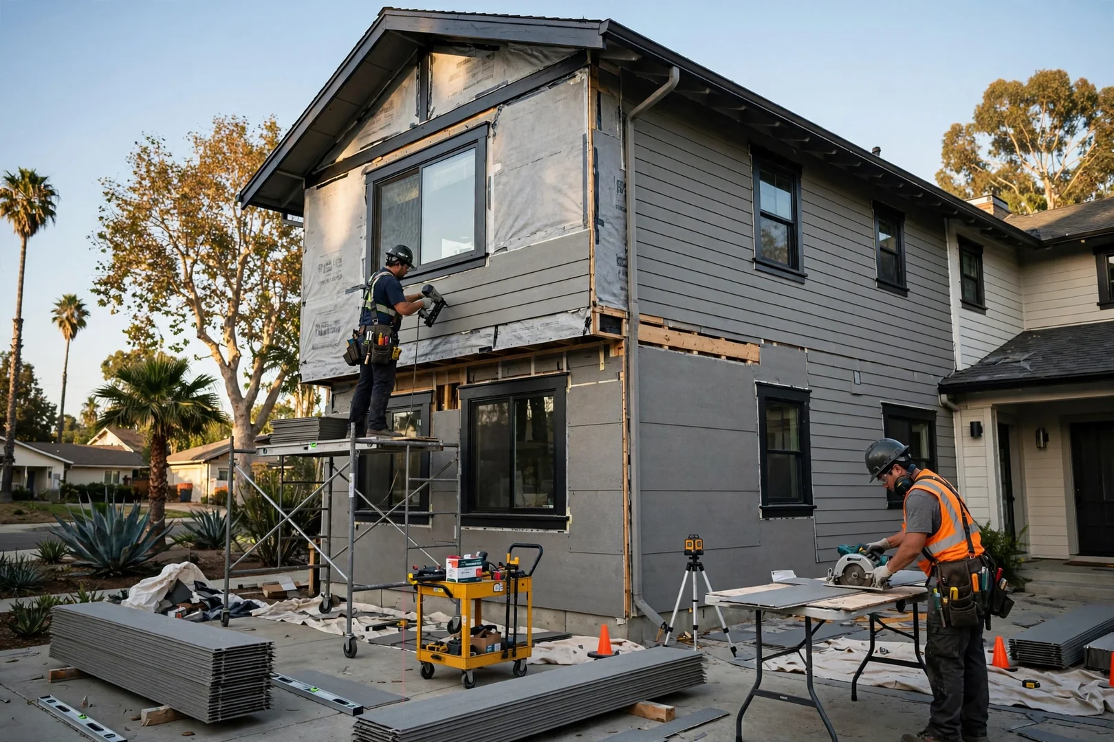 Full fiber cement siding replacement on a two-story Fullerton home with clean trim lines