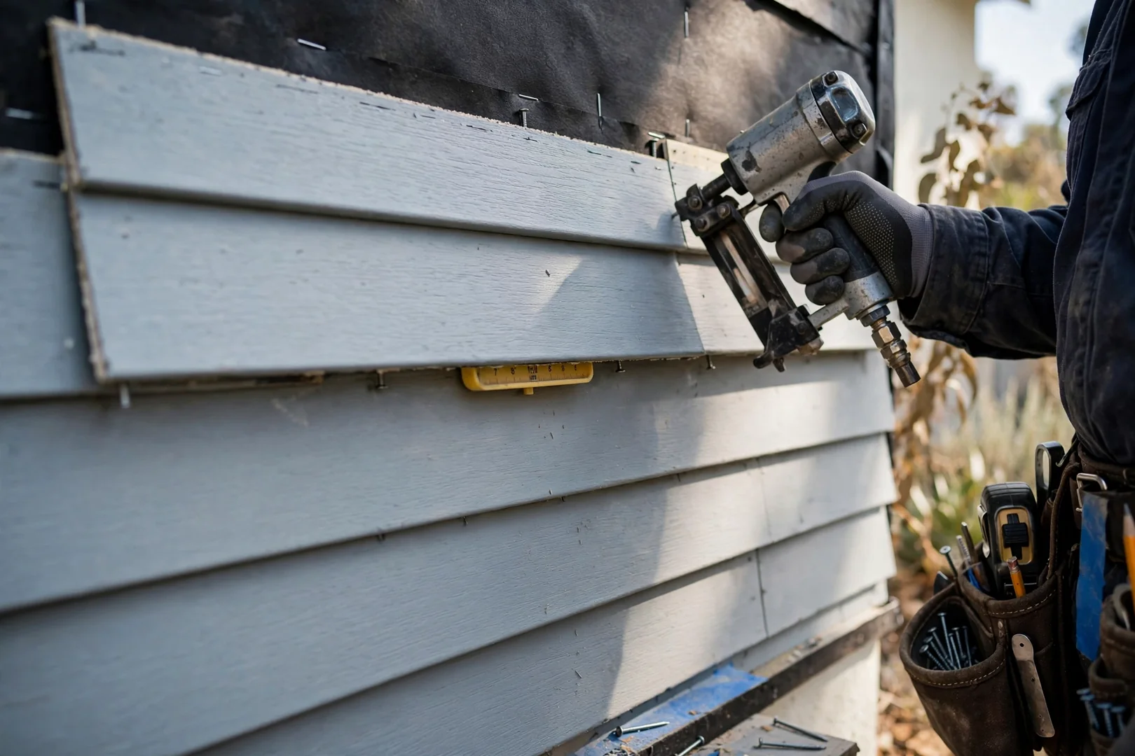 Close-up of lap siding course spacing and blind-nailed fastening on a residential wall