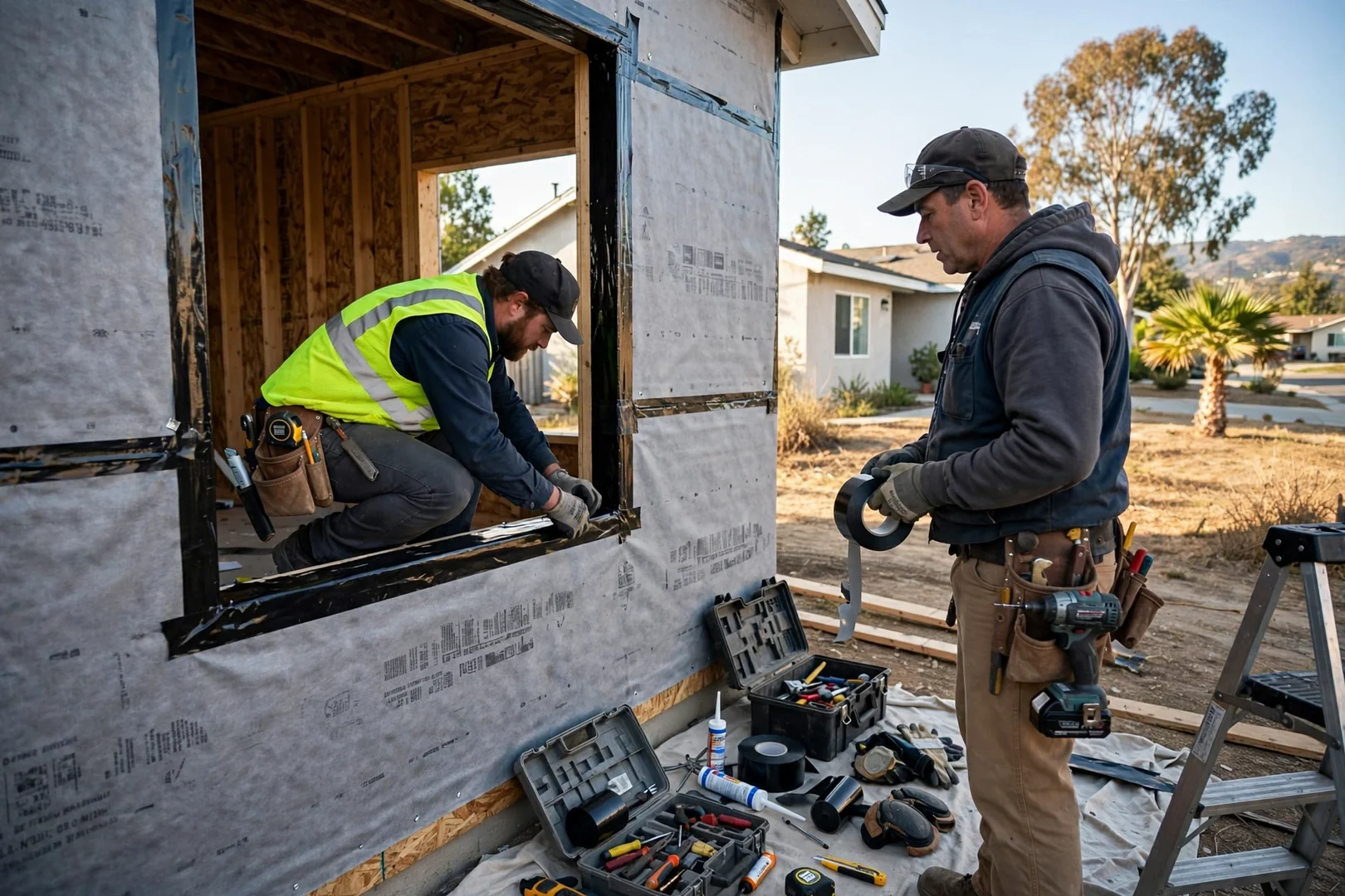 Weather-resistive barrier and flashing installed over exposed sheathing before siding goes up