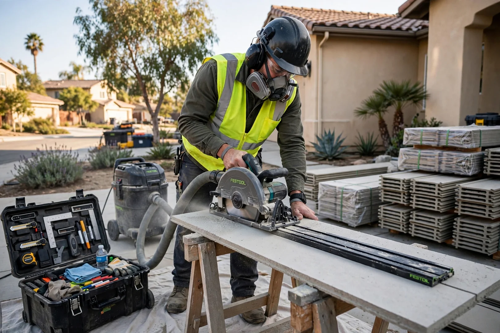 Crew member cutting fiber cement plank with dust-collecting saw on an organized job site