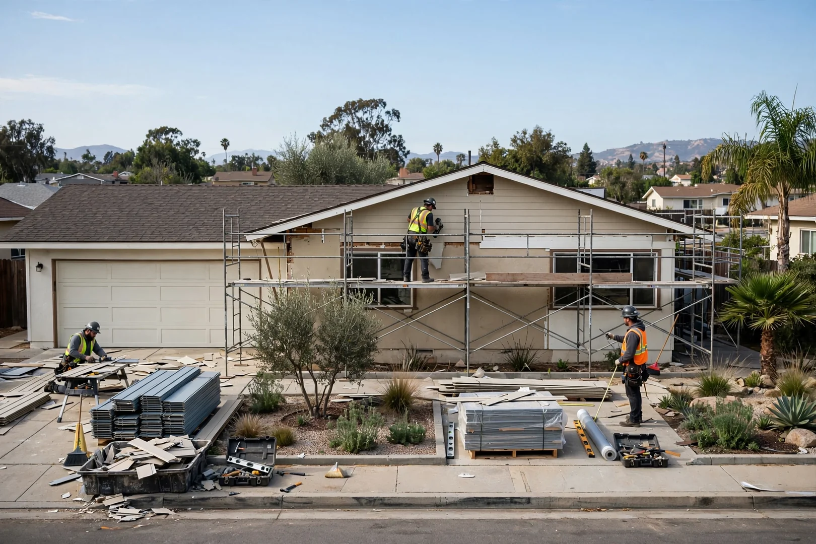 Wide shot of scaffolding staged along a single-story Fullerton ranch home during siding work