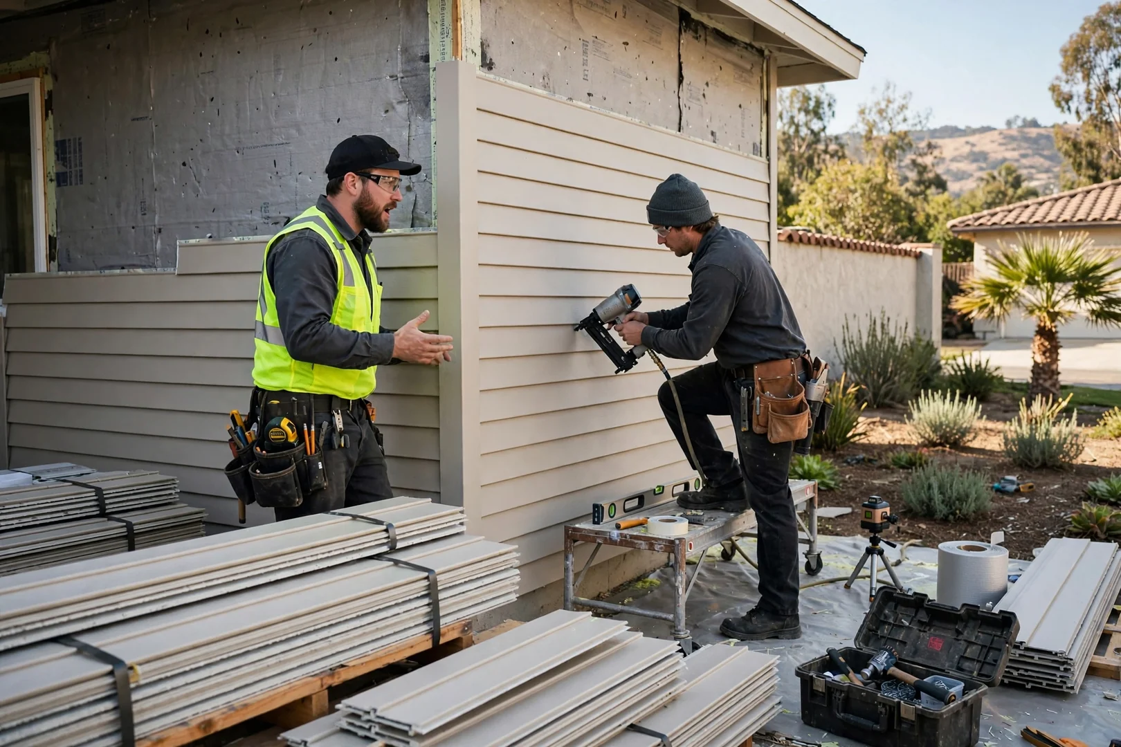 Siding crew reviewing safety checklist and fiber cement cut station at a Fullerton home