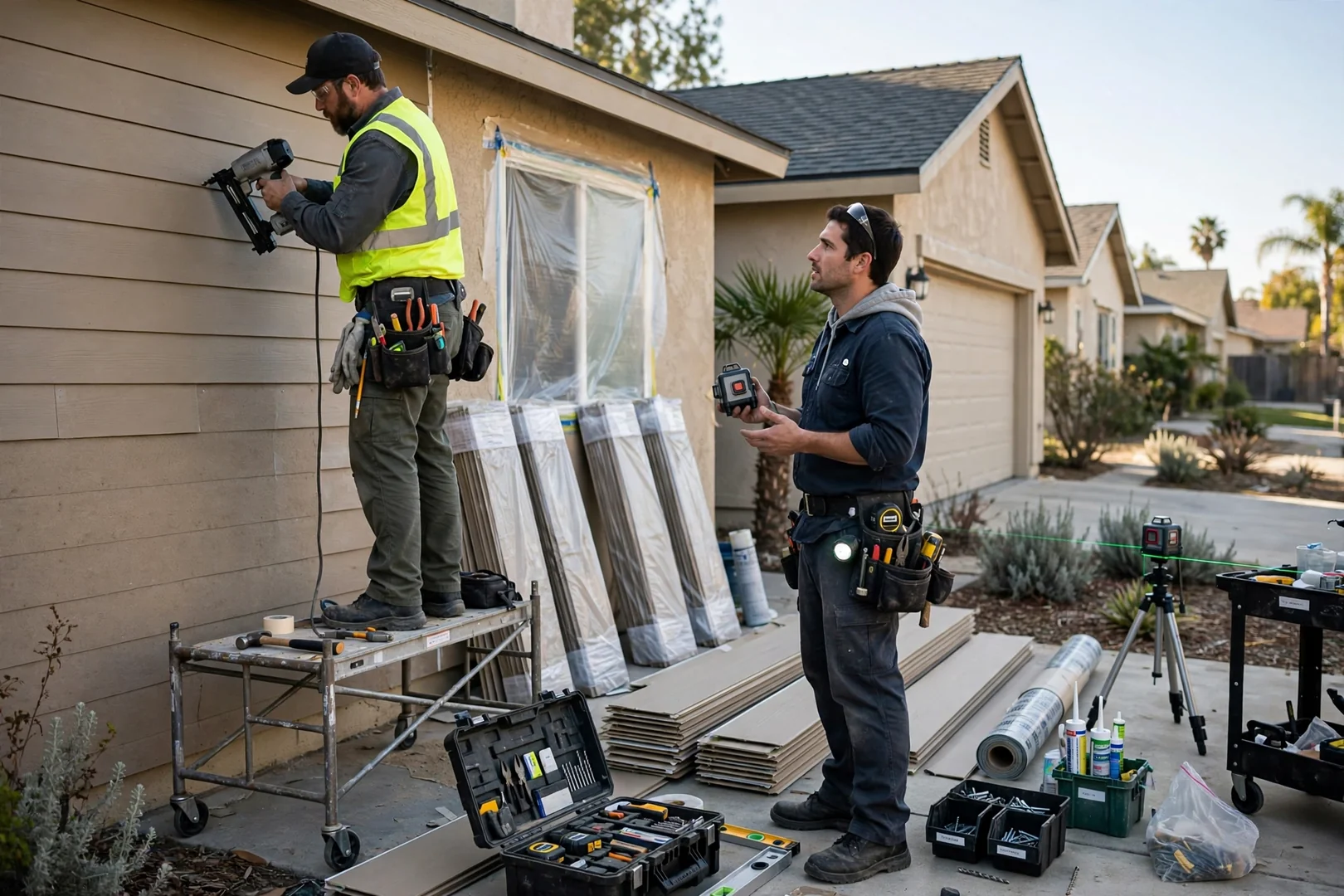 Siding crew installing fiber cement lap boards on a Fullerton home exterior wall