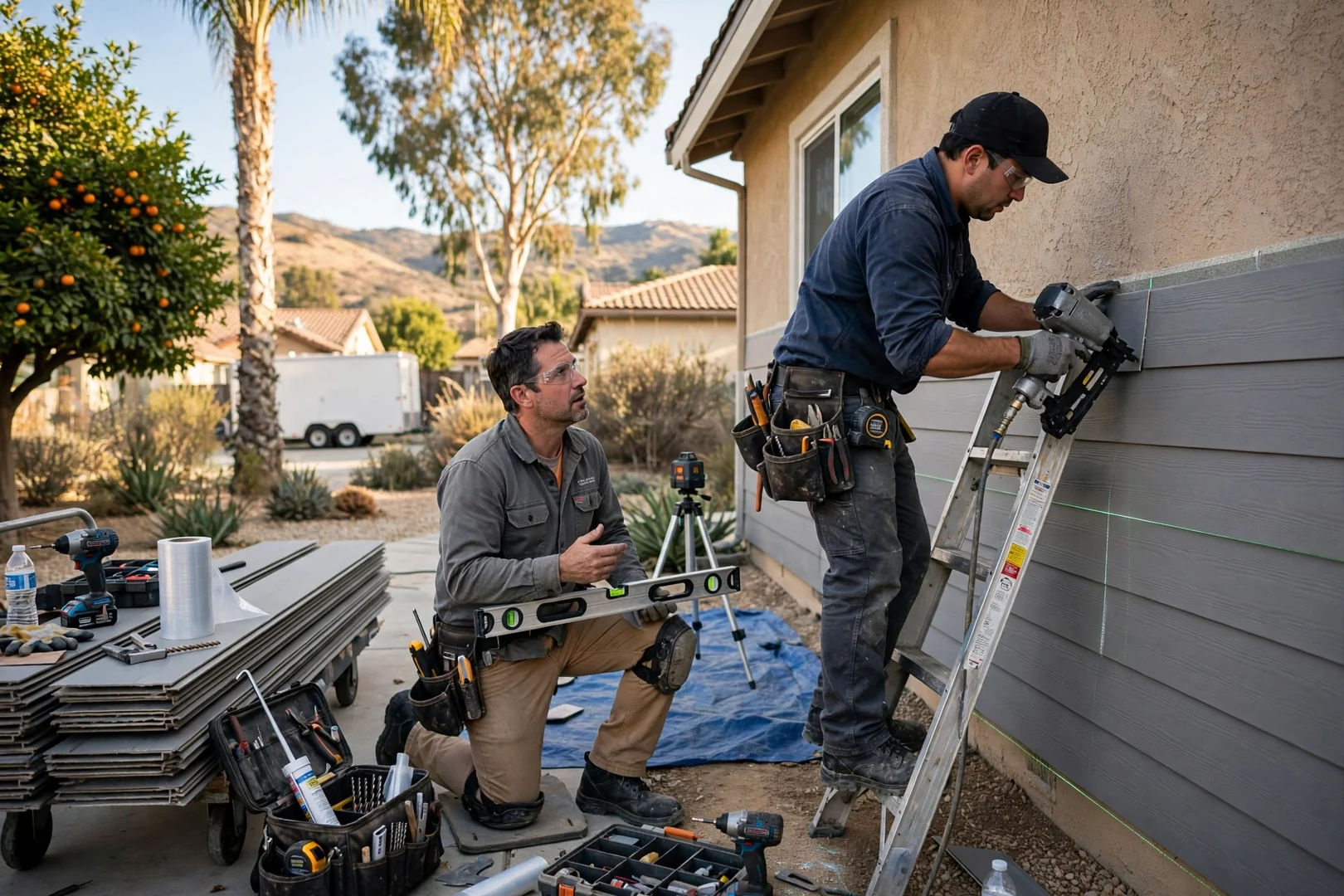 Siding crew installing fiber cement panels on a two-story Fullerton home exterior