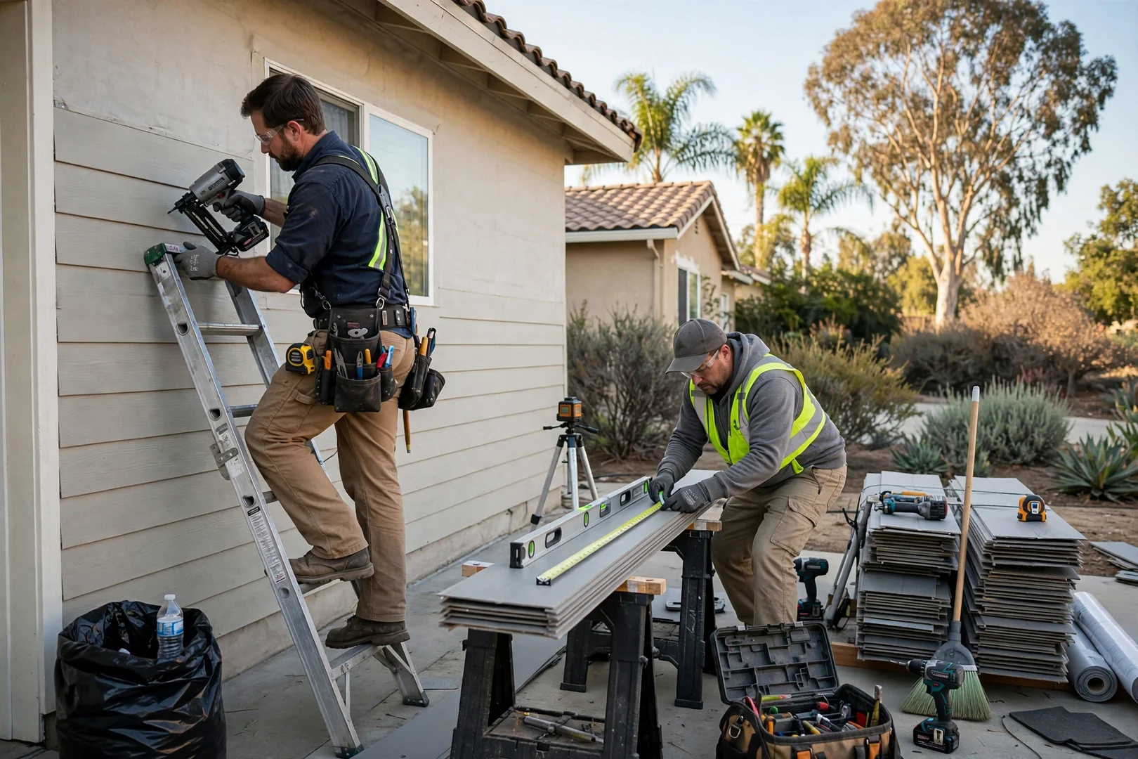 Contractor measuring exterior wall elevation while preparing a siding replacement estimate for a homeowner