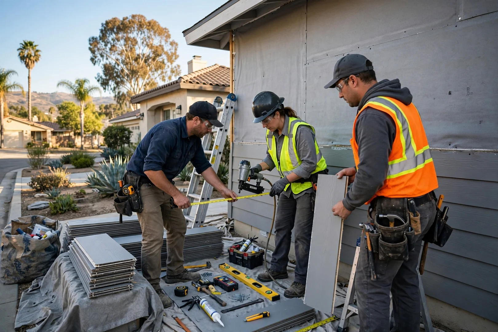 Siding contractor reviewing fiber cement panel options with homeowner outside a Fullerton house