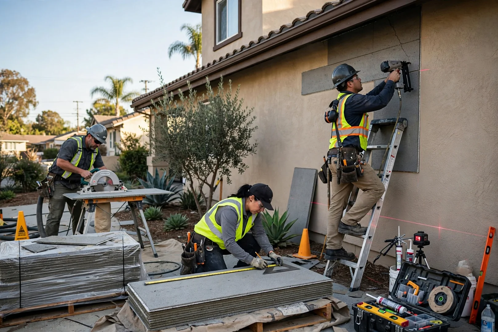 Siding crew installing fiber cement panels on a Fullerton single-family home exterior