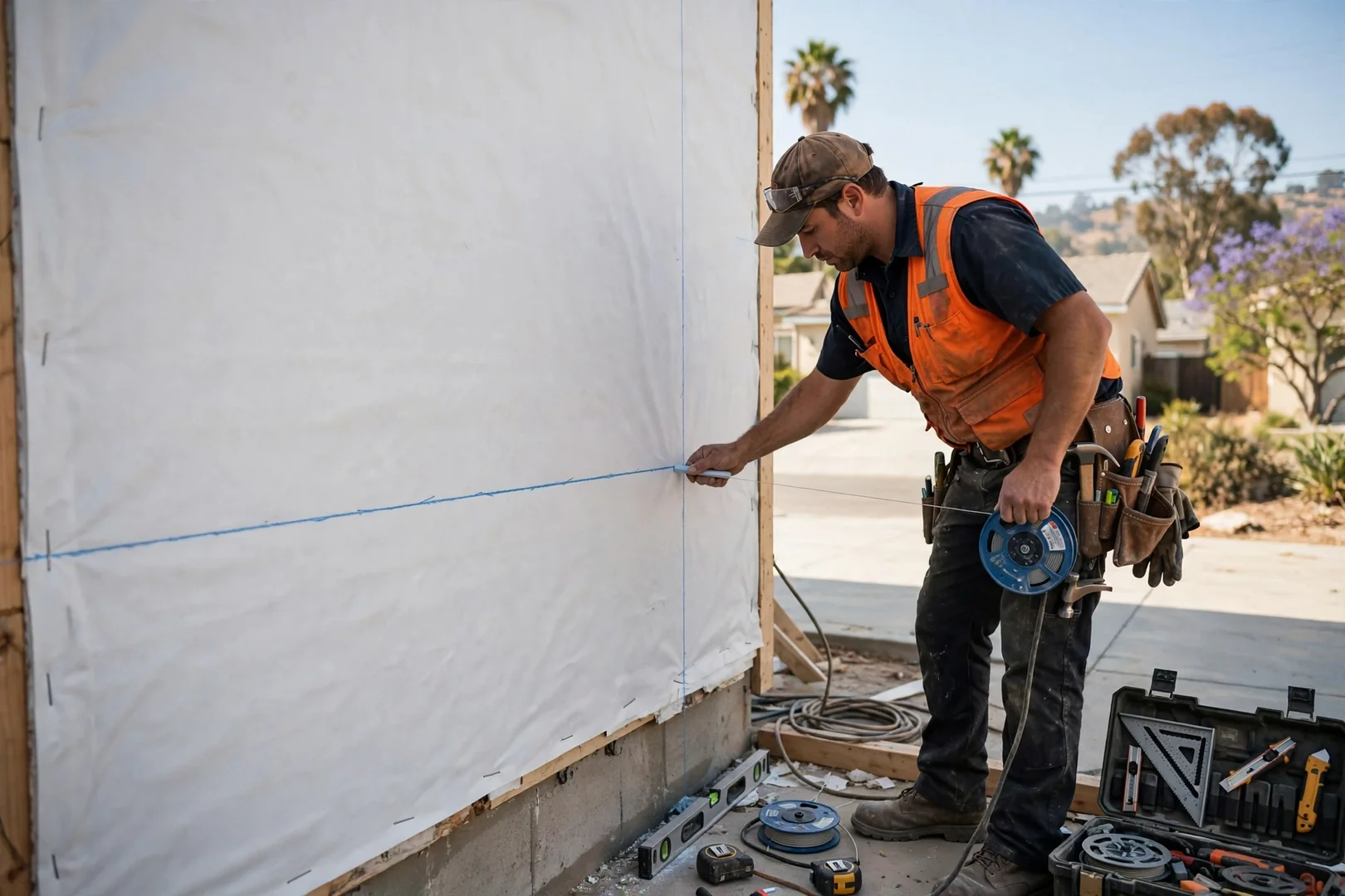 Worker snapping layout lines over new house wrap before siding installation begins