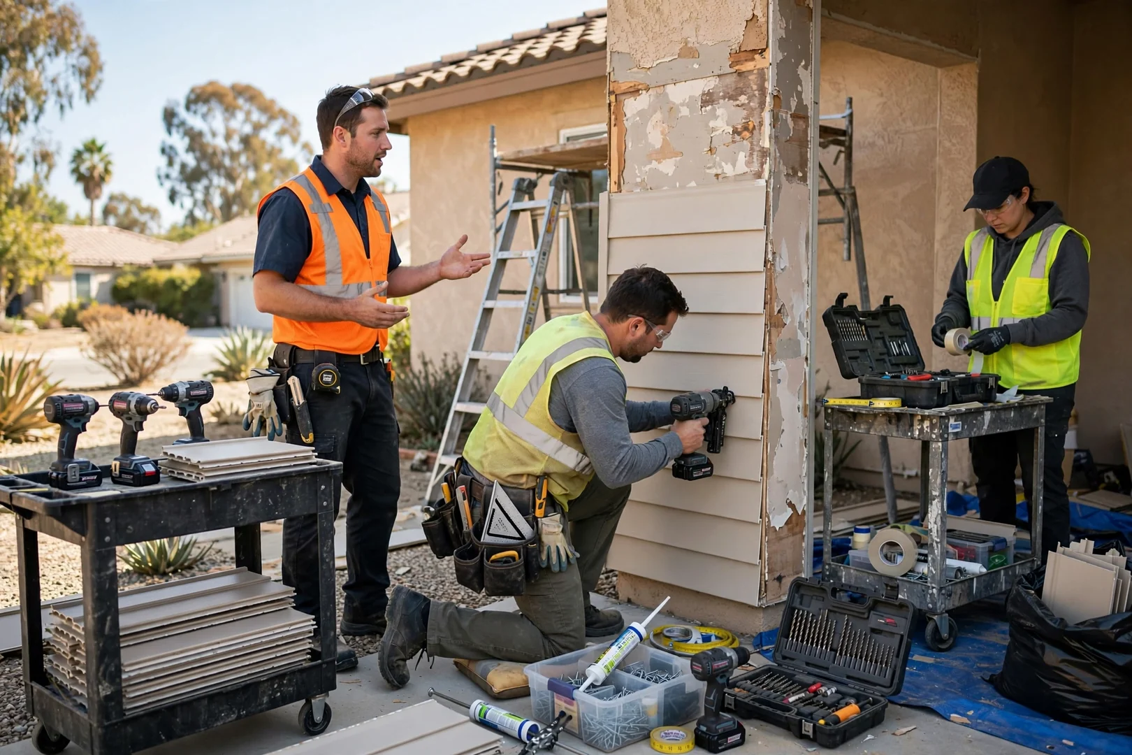 Siding crew installing fiber cement panels on a two-story Fullerton home exterior wall