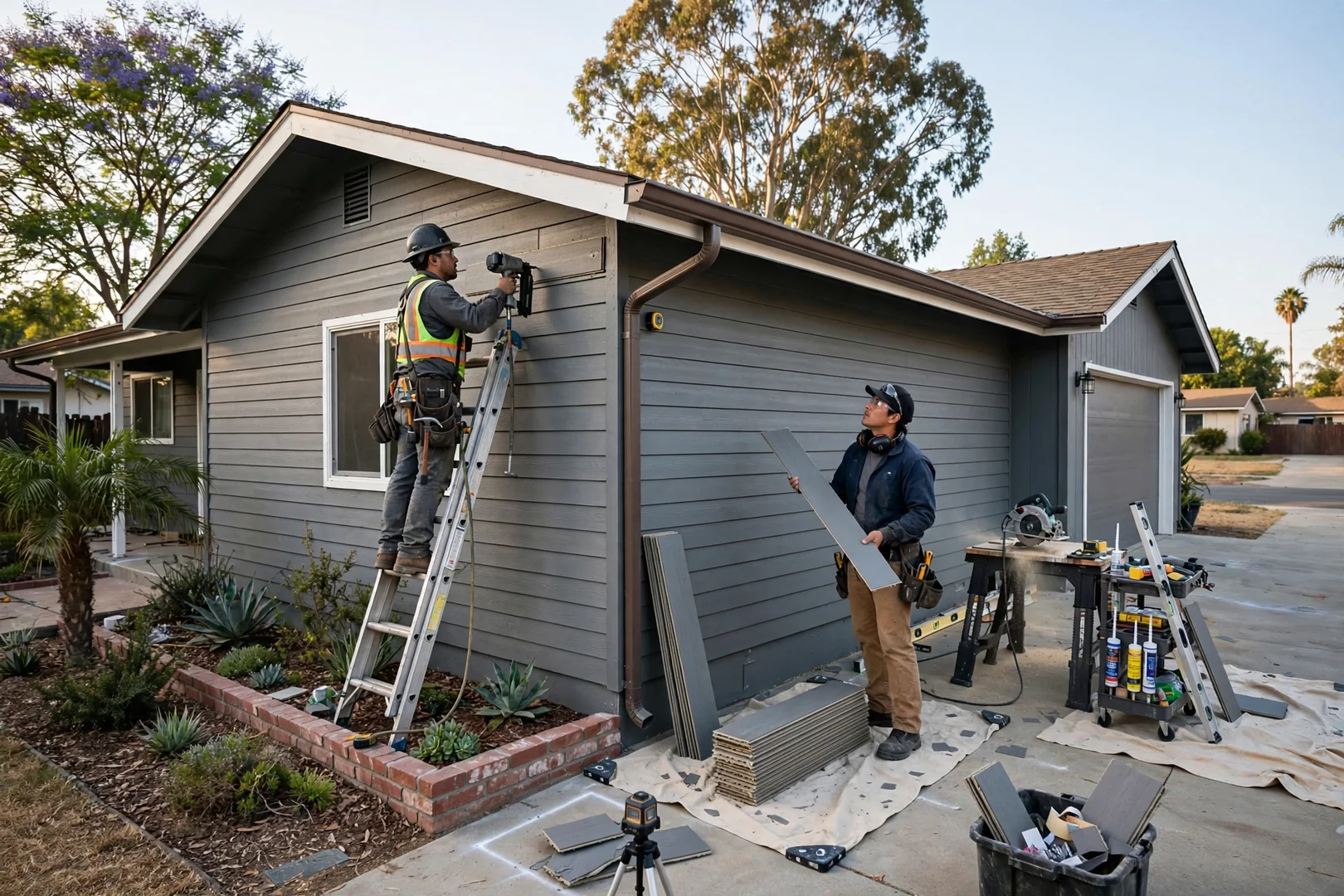 Finished fiber cement plank siding on a single-story Fullerton ranch home front elevation