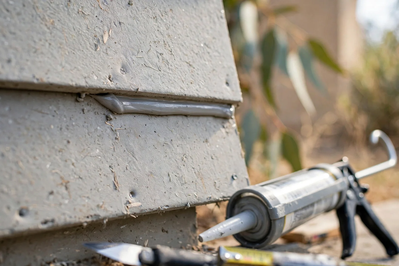 Close-up of blind-nailed fiber cement lap joint with even reveal and sealed seam