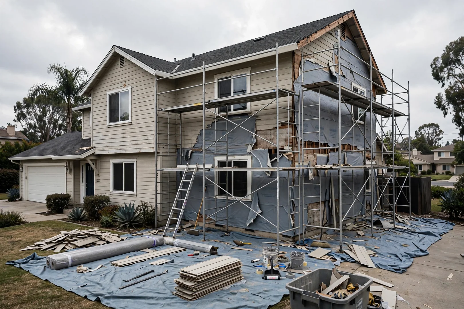 Two-story home with scaffolding staged for full siding tear-off and replacement