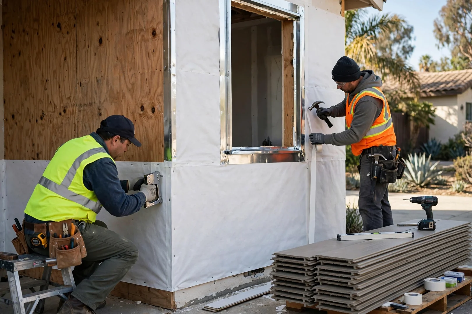 Exposed wall sheathing with new weather-resistive barrier and flashing before siding install