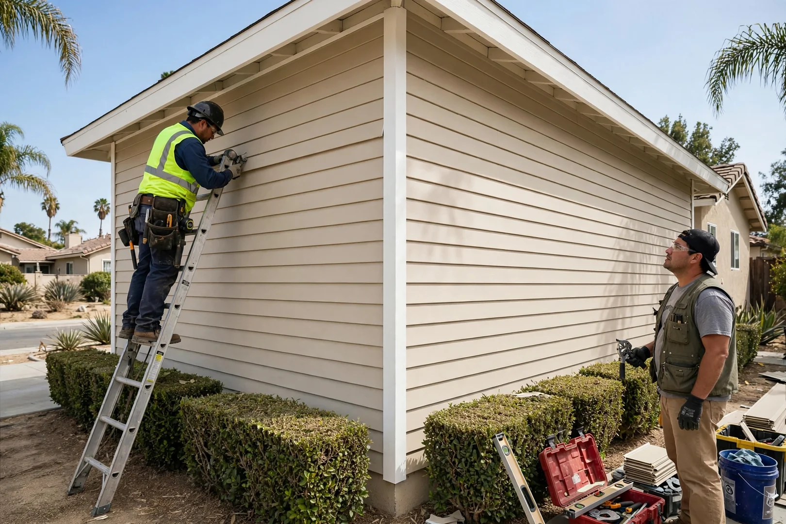 Vinyl siding panels installed with proper expansion spacing on a Fullerton tract home